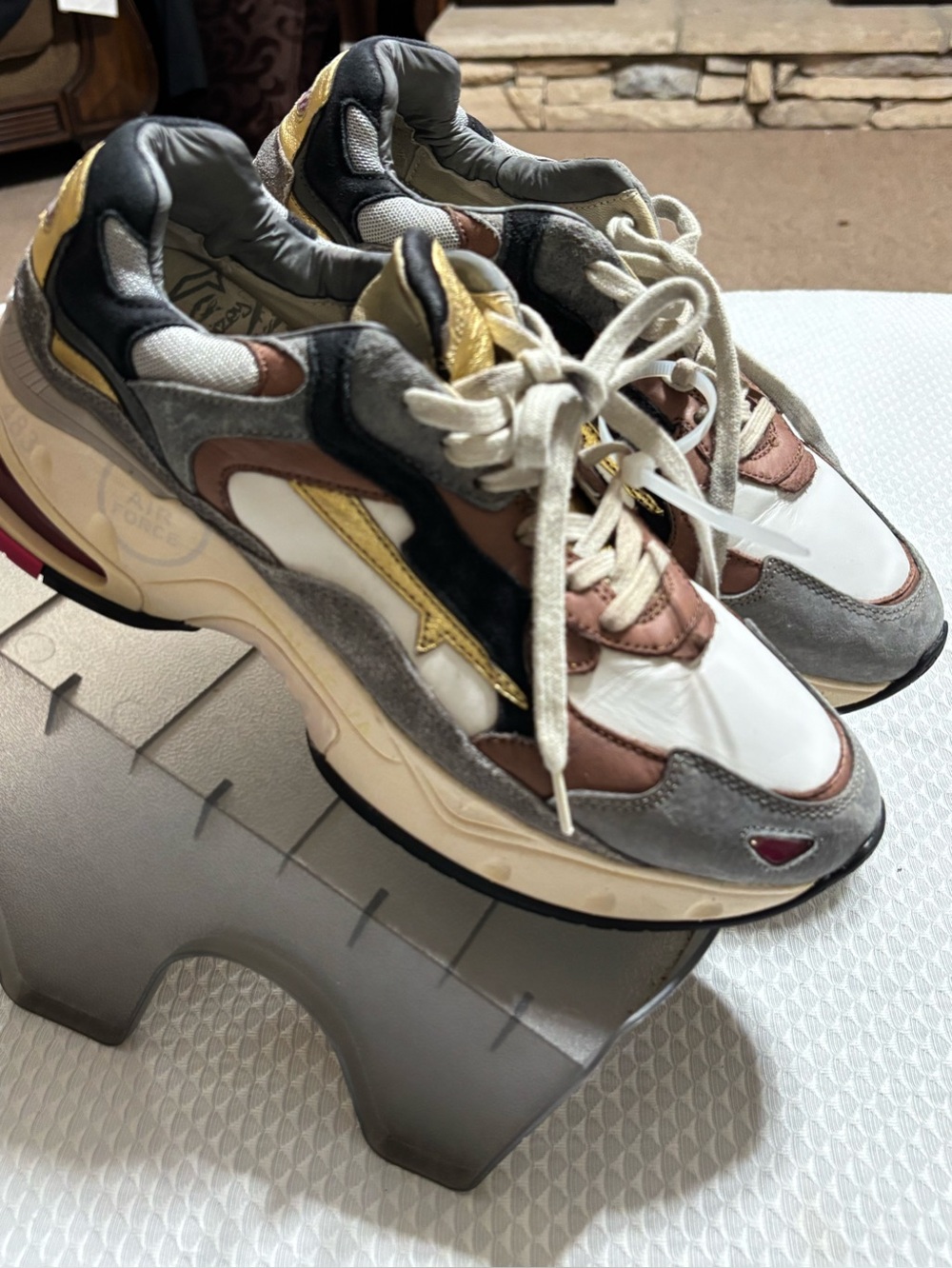 Premiata Men's Multi-Panel Sneakers — White, Gray, Brown & Gold